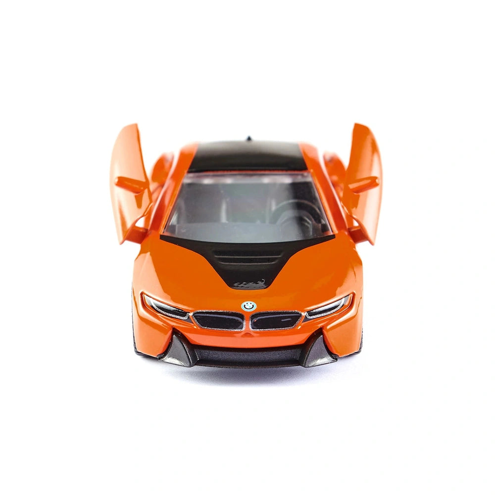 Siku BMW i8 LCI model car in orange with black accents, showcasing an open hood and glossy finish against a light background.
