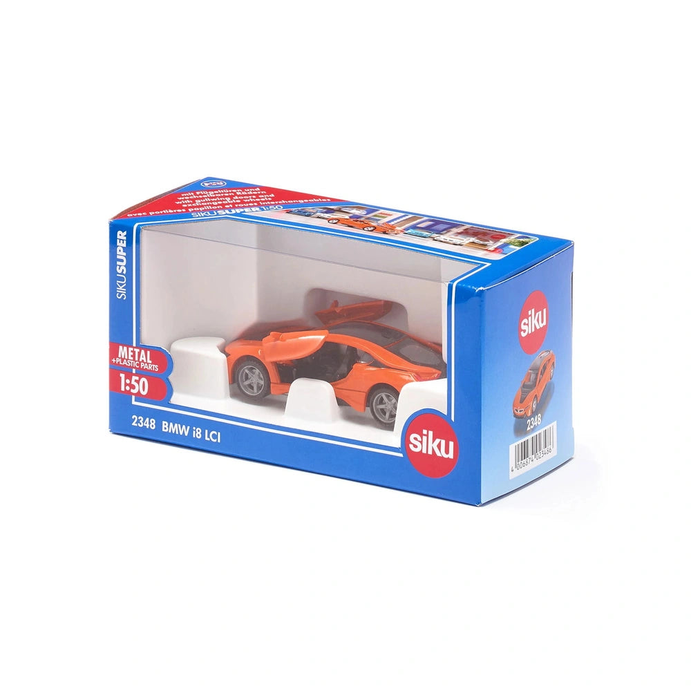 Siku BMW i8 LCI toy car in orange with black accents, displayed in a clear plastic package against a blue background.