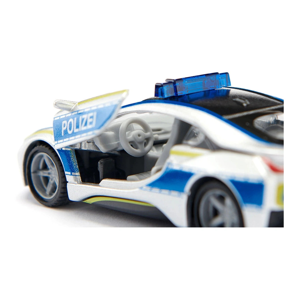 Siku BMW i8 Police toy car features a glossy white body with blue and yellow accents and a "POLIZEI" label on the side.