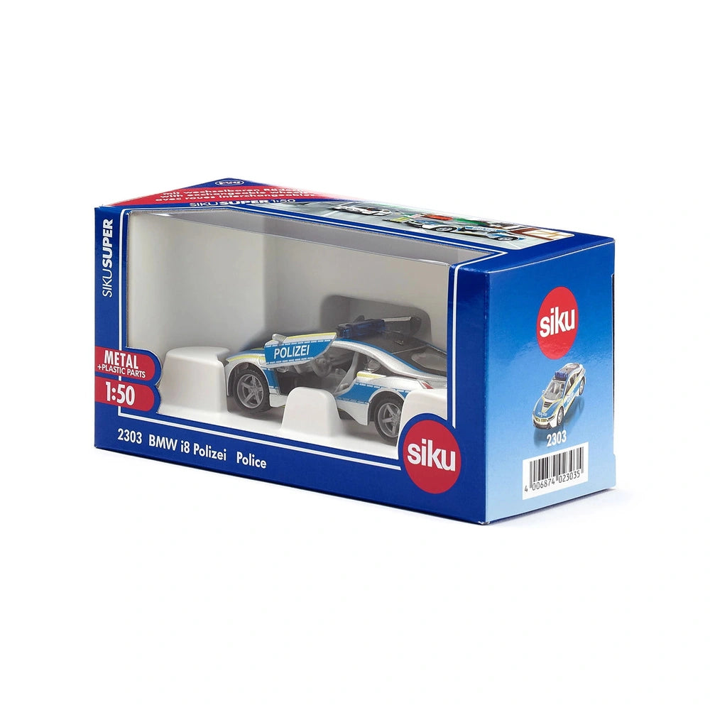 Siku BMW i8 Police toy car in a blue box with white and red accents, featuring a badge and number 203.