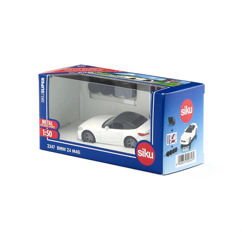 Siku BMW Z4 M40i toy car in a blue packaging box with a clear window, showcasing its sleek white design and glossy finish.