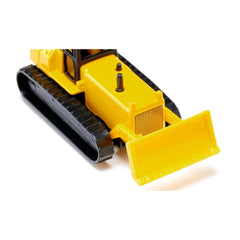 Yellow toy bulldozer with a glossy finish and black tread, featuring two black bolts on top.