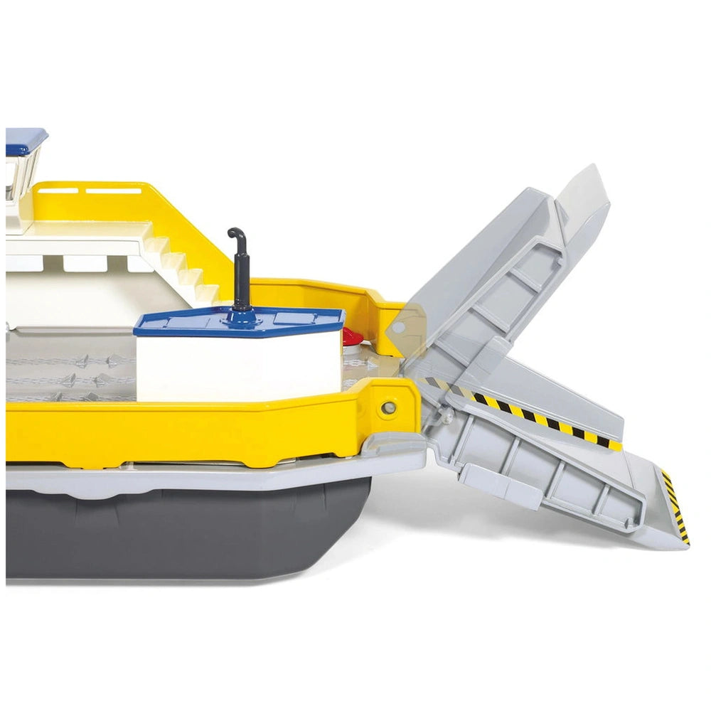 Siku car ferry toy playset in yellow and white with gray and black accents, featuring smooth plastic surfaces and visible com