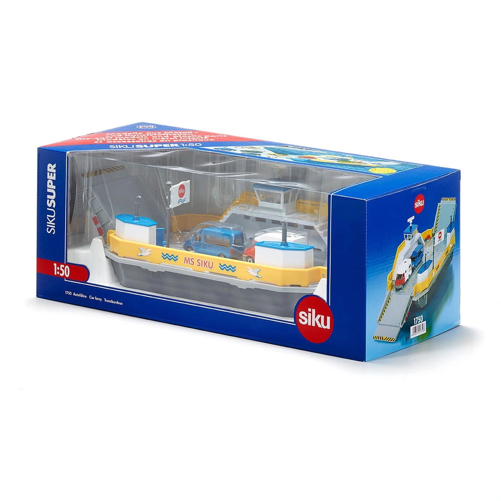 Toy car ferry in a blue box features a vibrant yellow hull, cabin, and deck with red and white branding.