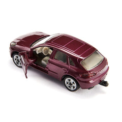 Toy car in dark red with glossy finish, featuring open doors and detailed components against a light background.