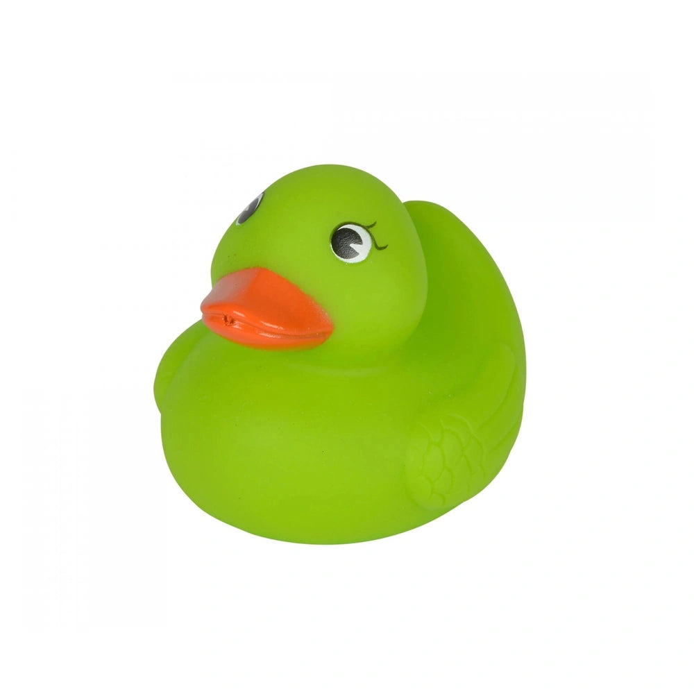 Simba ABC Bathing Duck, green rubber with orange beak and feet, cheerful cartoon eyes, sitting upright on white background.