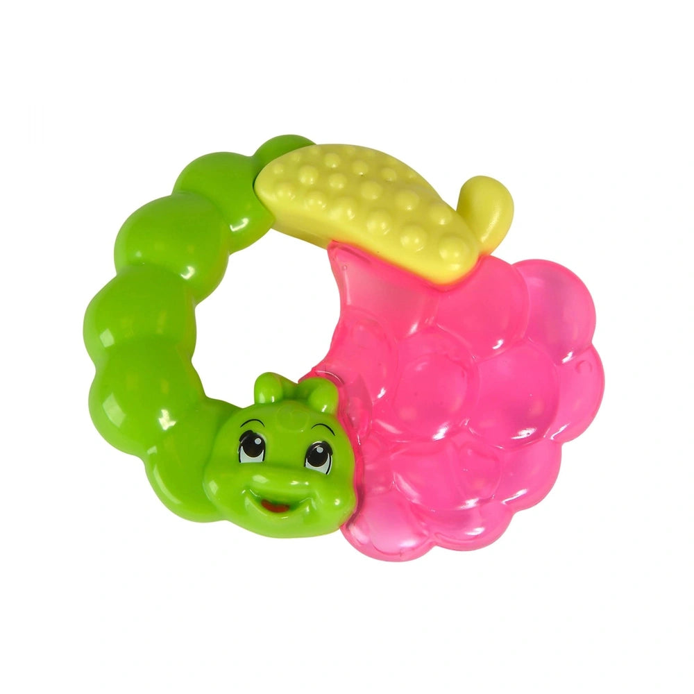Simba ABC Cooling Fruits pacifier and teether toy features a cheerful rattle design in green, yellow, and pink for babies.