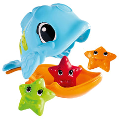 Simba ABC Hungry Fish bath toys featuring a blue smiling fish and colorful star-shaped toys, ideal for playful bath time fun.