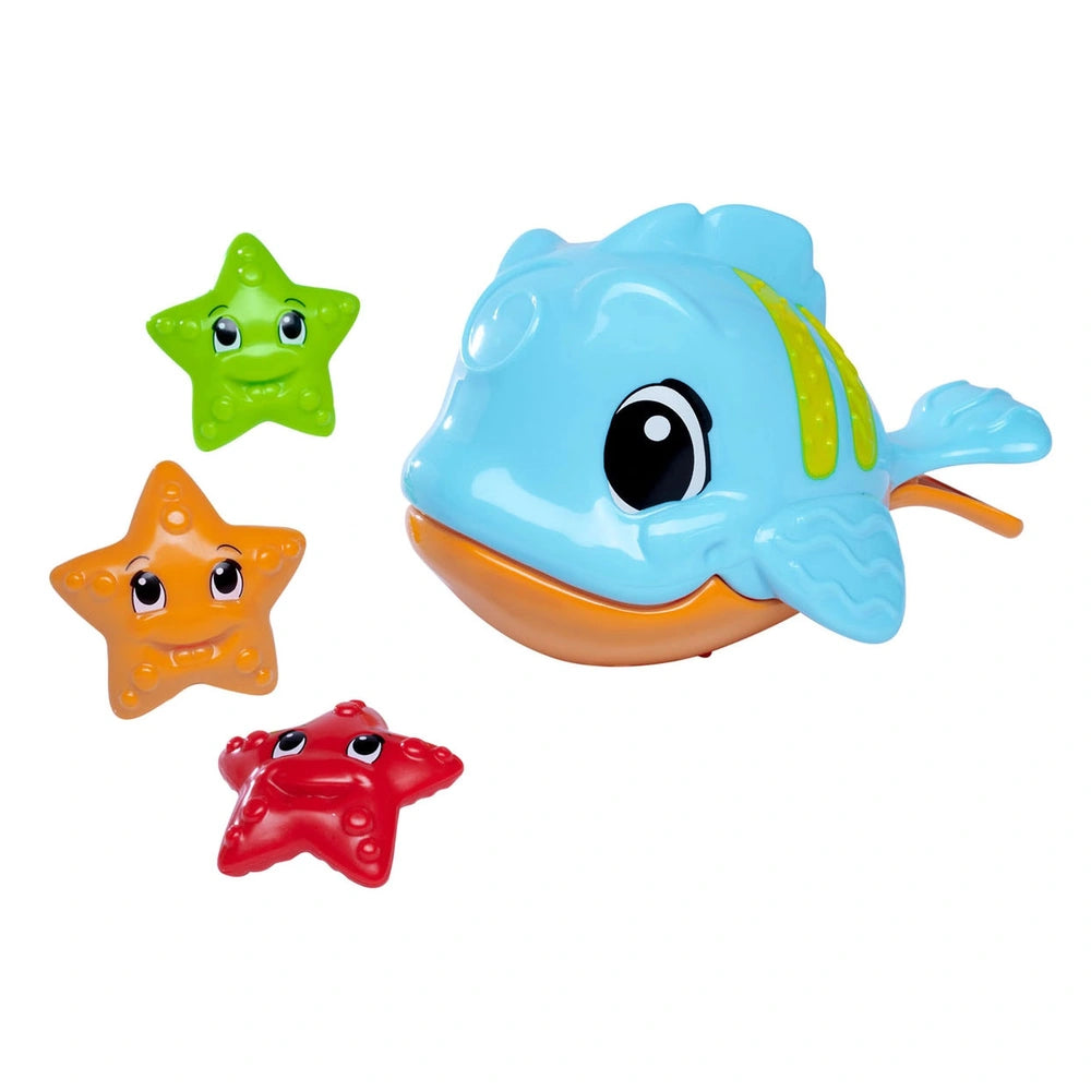 Simba ABC Hungry Fish bath toys featuring a blue fish and colorful star-shaped toys in a bright, glossy finish.