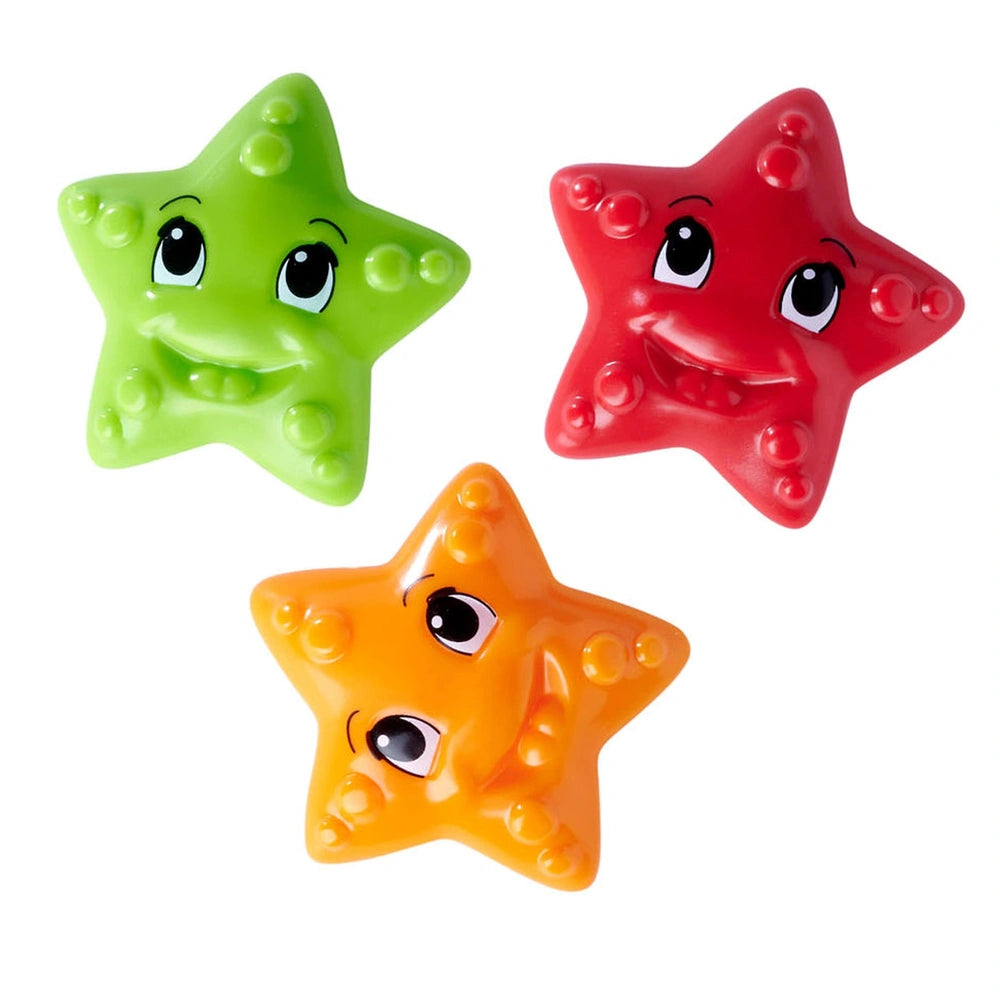 Simba ABC Hungry Fish bath toys featuring three colorful star-shaped figures with smiling faces against a white background.