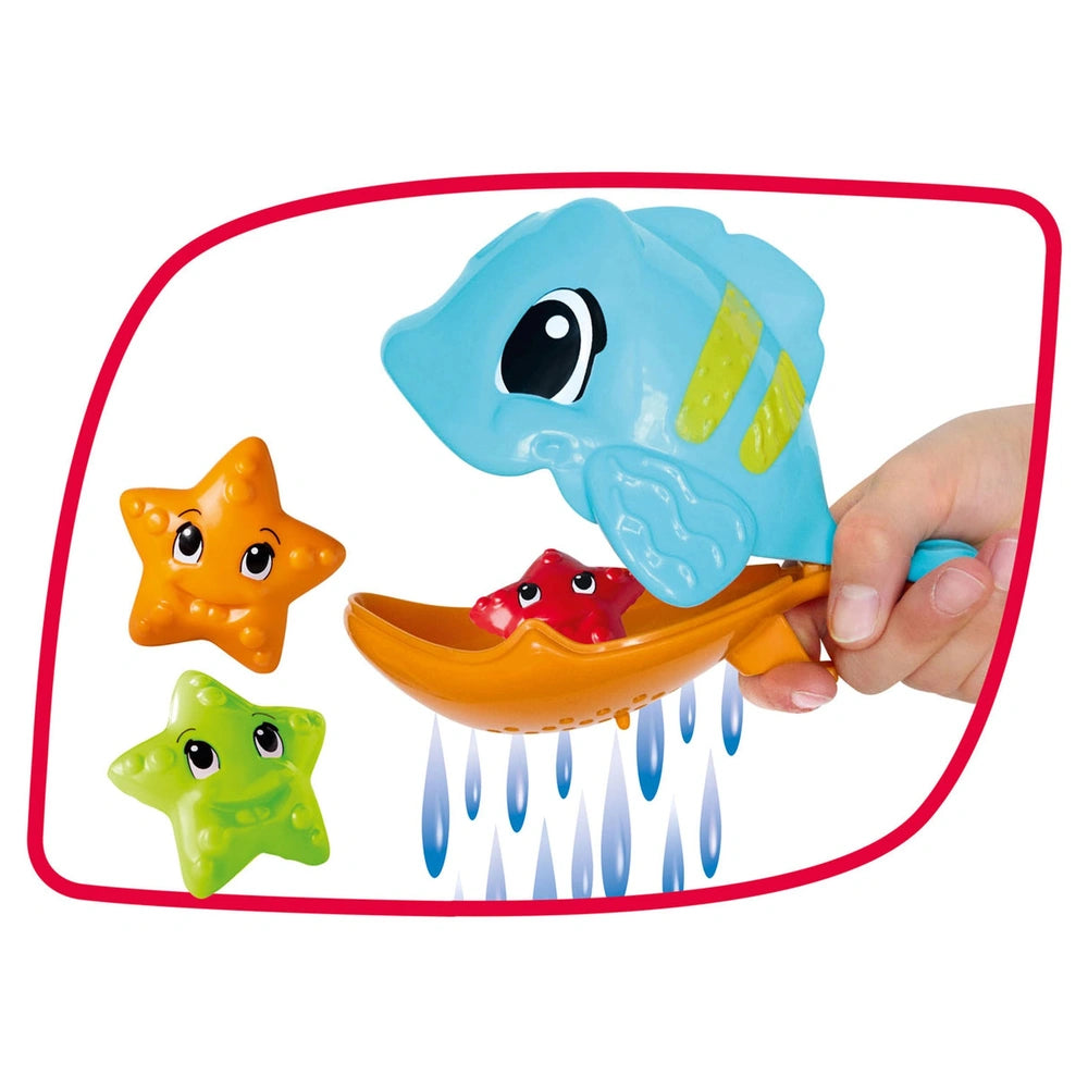 Simba ABC Hungry Fish bath toy in blue with yellow stripe, held in hand, surrounded by smiling star toys and water droplets.