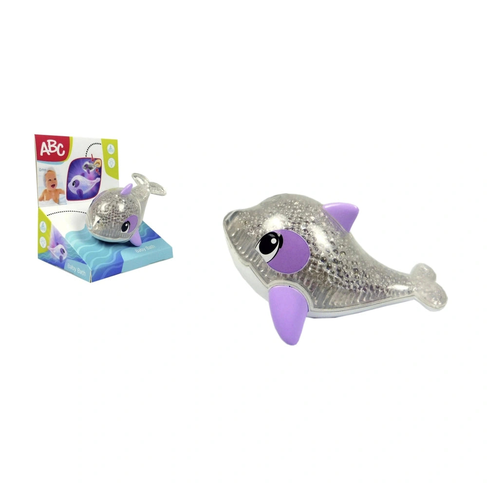Simba ABC Shining Dolphin bath toy displays a sparkly fish in silver and purple against a clean white background.