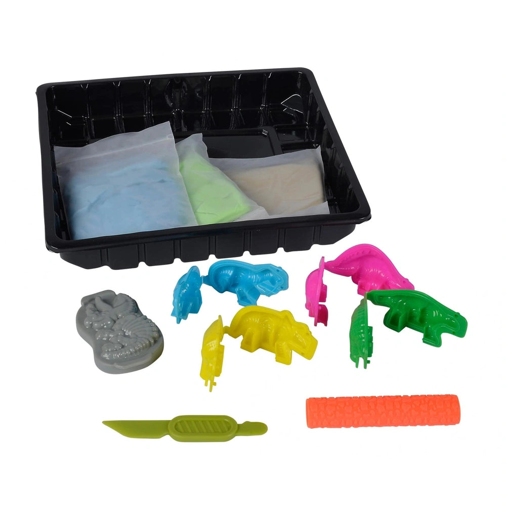 Simba - Art & Fun Dinosaur Sand Set featuring colorful modeling dough and assembly components in a black compartment tray.