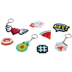 Simba Art & Fun iron-on bead keychain set featuring colorful pixel art designs of a heart, avocado, pizza, and watermelon.