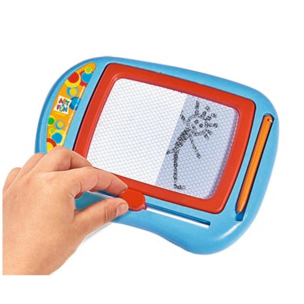 Simba Art & Fun Small Drawing Board with a childs hand drawing a stick figure on the blue and red tablet screen.