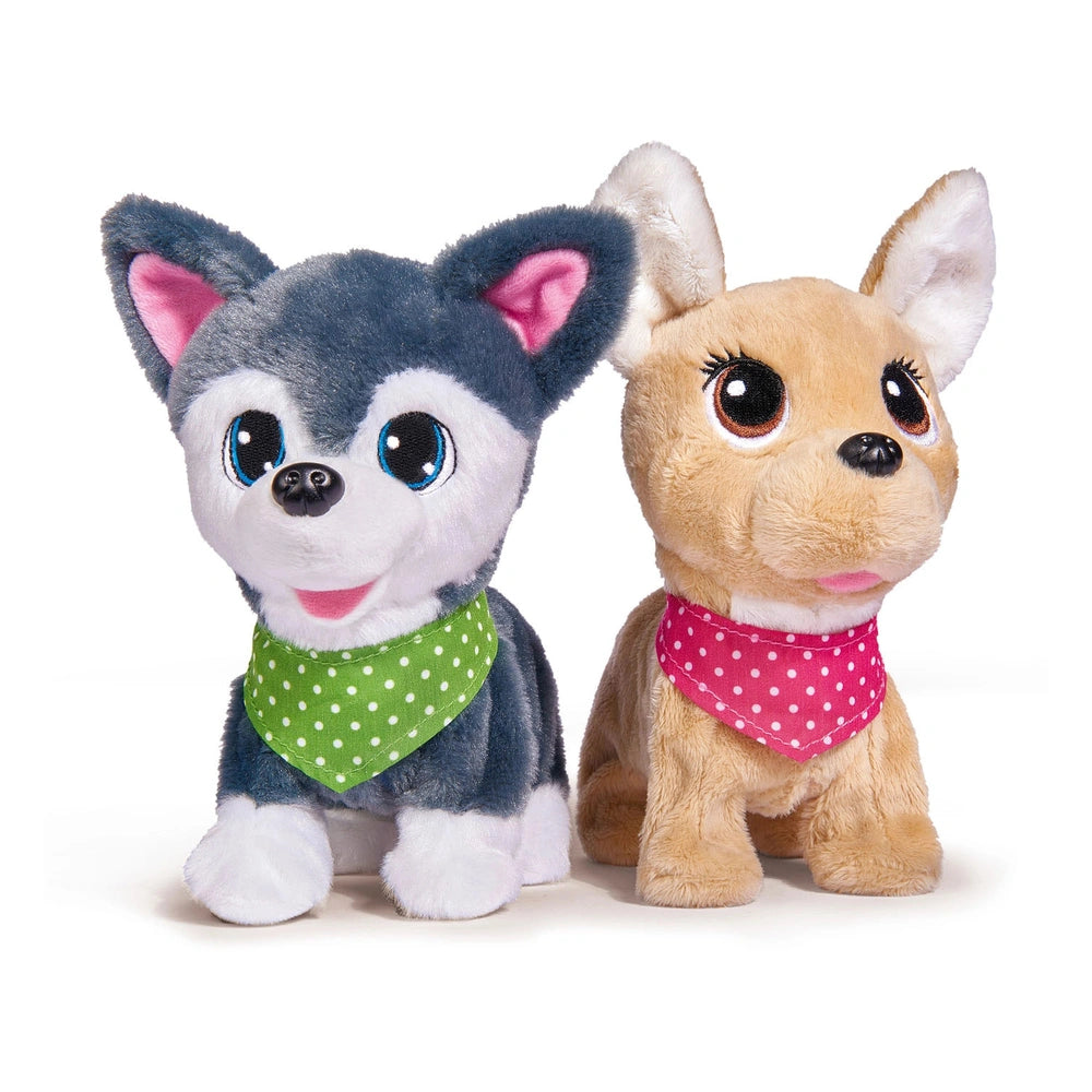Simba Chi Chi Love Puppy Friends features two colorful plush toys: a gray wolf and a tan puppy, both wearing bandanas.