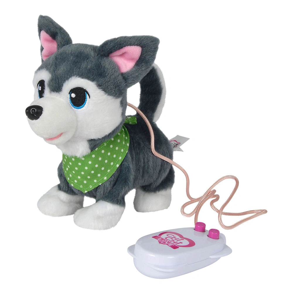 Simba Chi Chi Love Puppy Friends with a gray body, pink accessories, and a pink leash for remote-controlled walking fun.