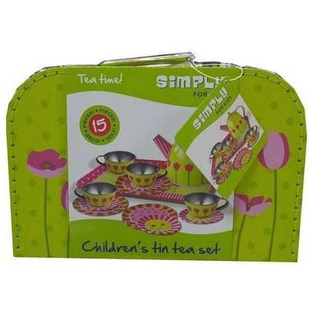 Simply Tulip Tea Time Tin Tea Set features vibrant pink and yellow cups, saucers, and a green teapot with floral designs.