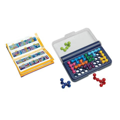 Smart Games IQ Fit features a colorful container of beads and a closed box with a vibrant design on a white tabletop.