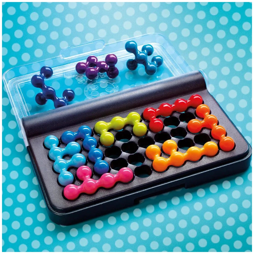 Smart Games IQ Fit logic puzzle features a black tray with holes, a clear lid, and colorful plastic pieces for sorting.