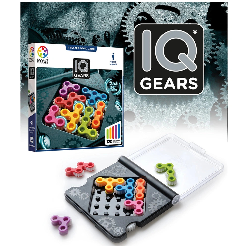 Smart Games IQ Gears packaging showcases a colorful gear-shaped puzzle with vibrant plastic pieces against a dark industrial 