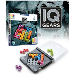 Smart Games IQ Gears packaging showcases a colorful gear-shaped puzzle with vibrant plastic pieces against a dark industrial 