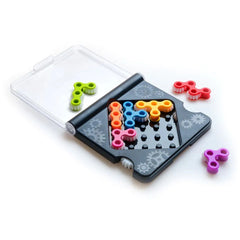 Smart Games IQ Gears puzzle set in a clear container features colorful interlocking pieces in various shapes and sizes.