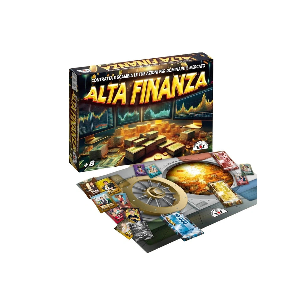 STELLA Alta Finanza board game packaging features a matte cardboard design with glossy text and a colorful circular game boar