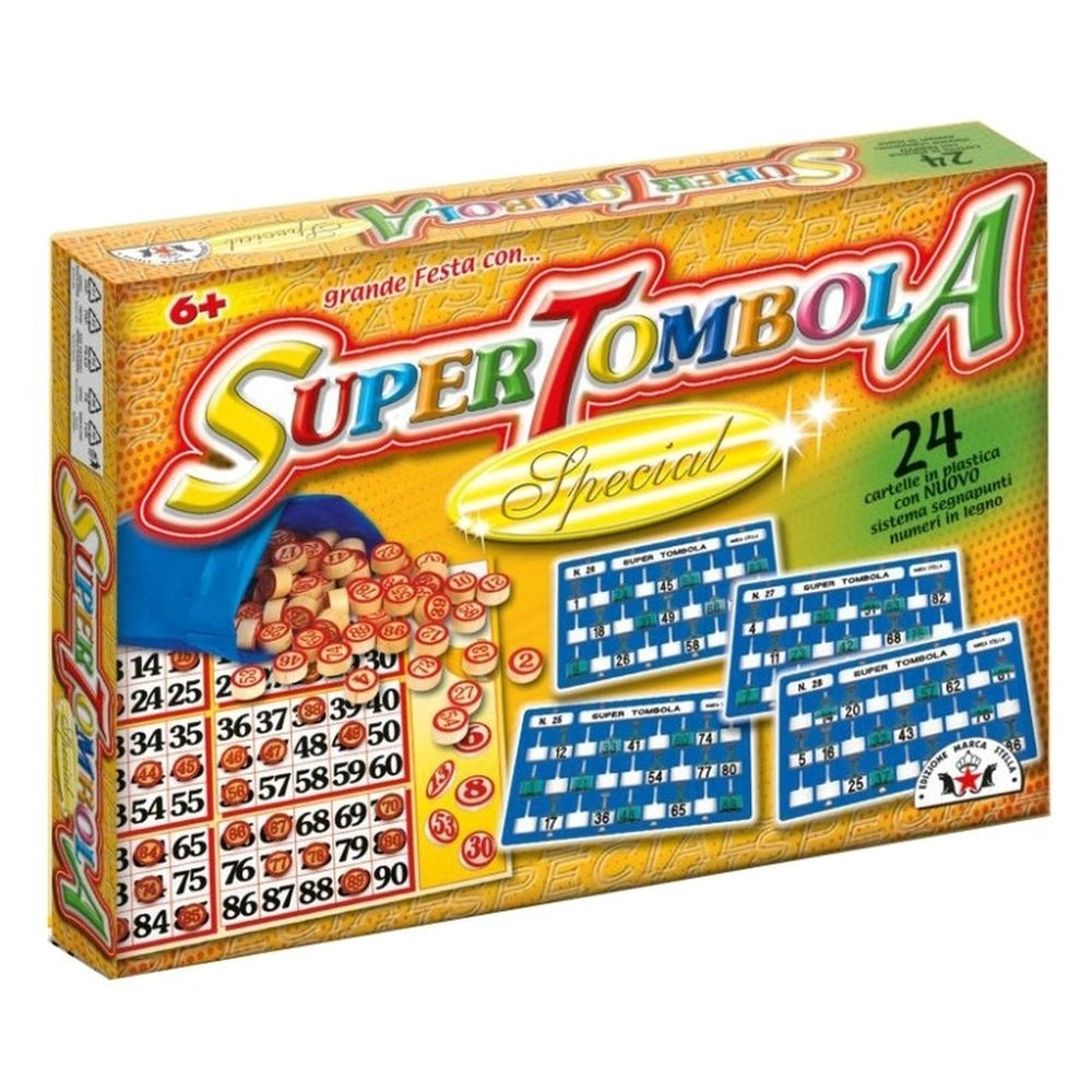 STELLA Super Tombola board game packaging features yellow background, red and blue numbers, bingo cards, and plastic cover.
