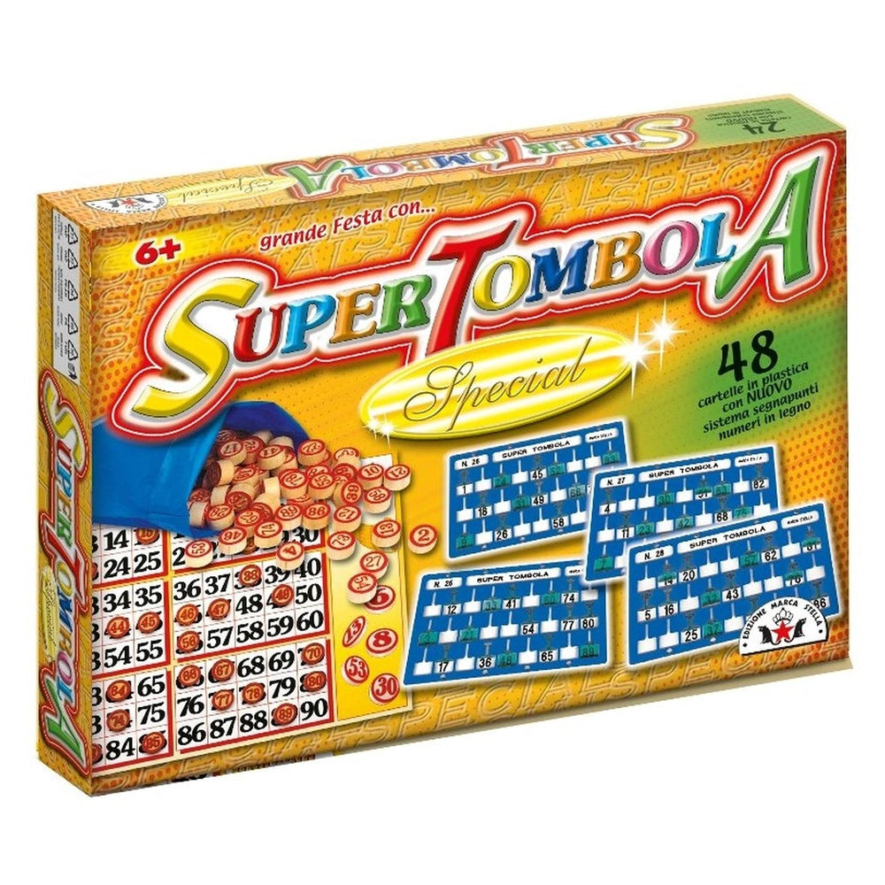 STELLA Super Tombola Special board game packaging features yellow cardboard with a plastic window showcasing bingo cards.