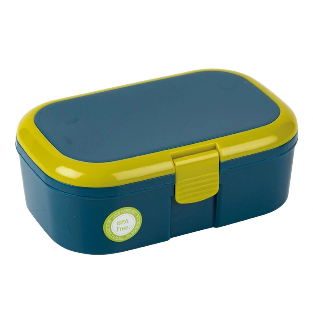 TapirElla blue and green lunch box made of hard plastic with yellow handle, featuring a "BPA FREE" label and recycling symbol