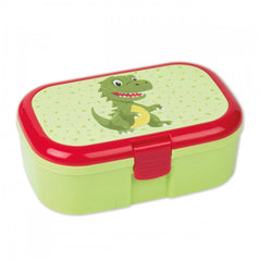 TapirElla Dino Lunch Box featuring a green body with yellow patterns and a red-handled plastic lid.