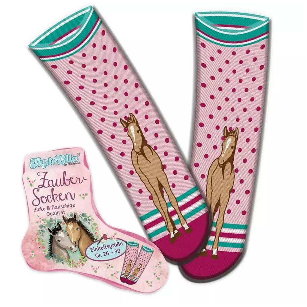 TapirElla magic socks featuring a brown horse illustration, polka dot and striped patterns on a pink polka dot background.