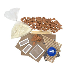 Teifoc garden house kit featuring wooden components, a blue container, and a white substance for arts and crafts projects.