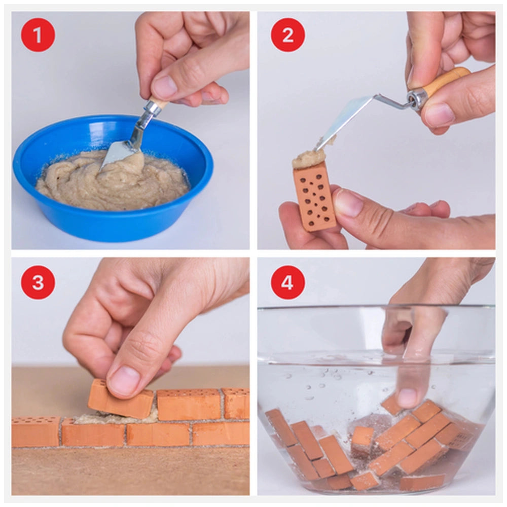 Teifoc water-soluble mortar is showcased in a DIY project with Lego bricks, scissors, and hands actively crafting.