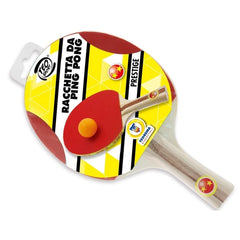 Teo Sport Prestige Table Tennis Racket features a red and yellow design with a black border and natural wood handle.