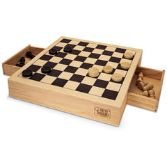 Teorema 3-in-1 wooden chess and checkers set features a checkered board and scattered natural wood pieces ready for play.
