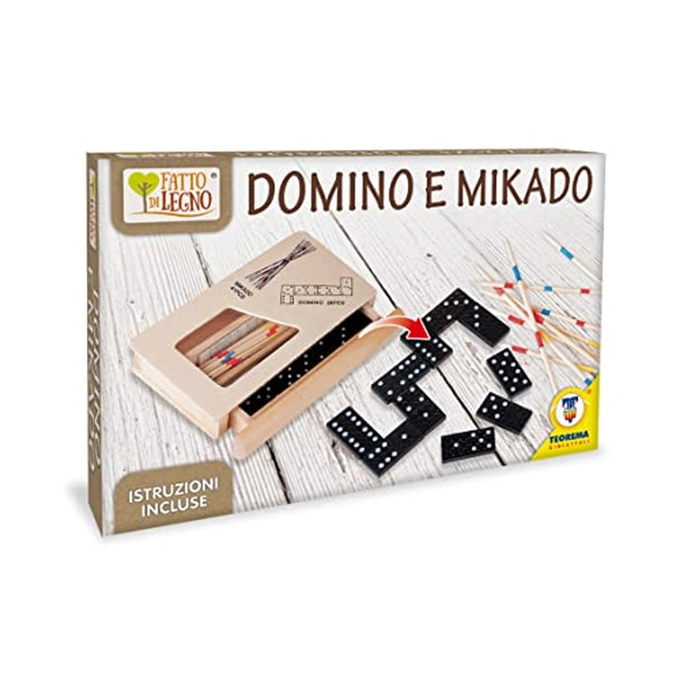 Teorema wooden board games packaging features a printed wooden texture with nails, showcasing "DOMINO E MIKADO" in Italian.