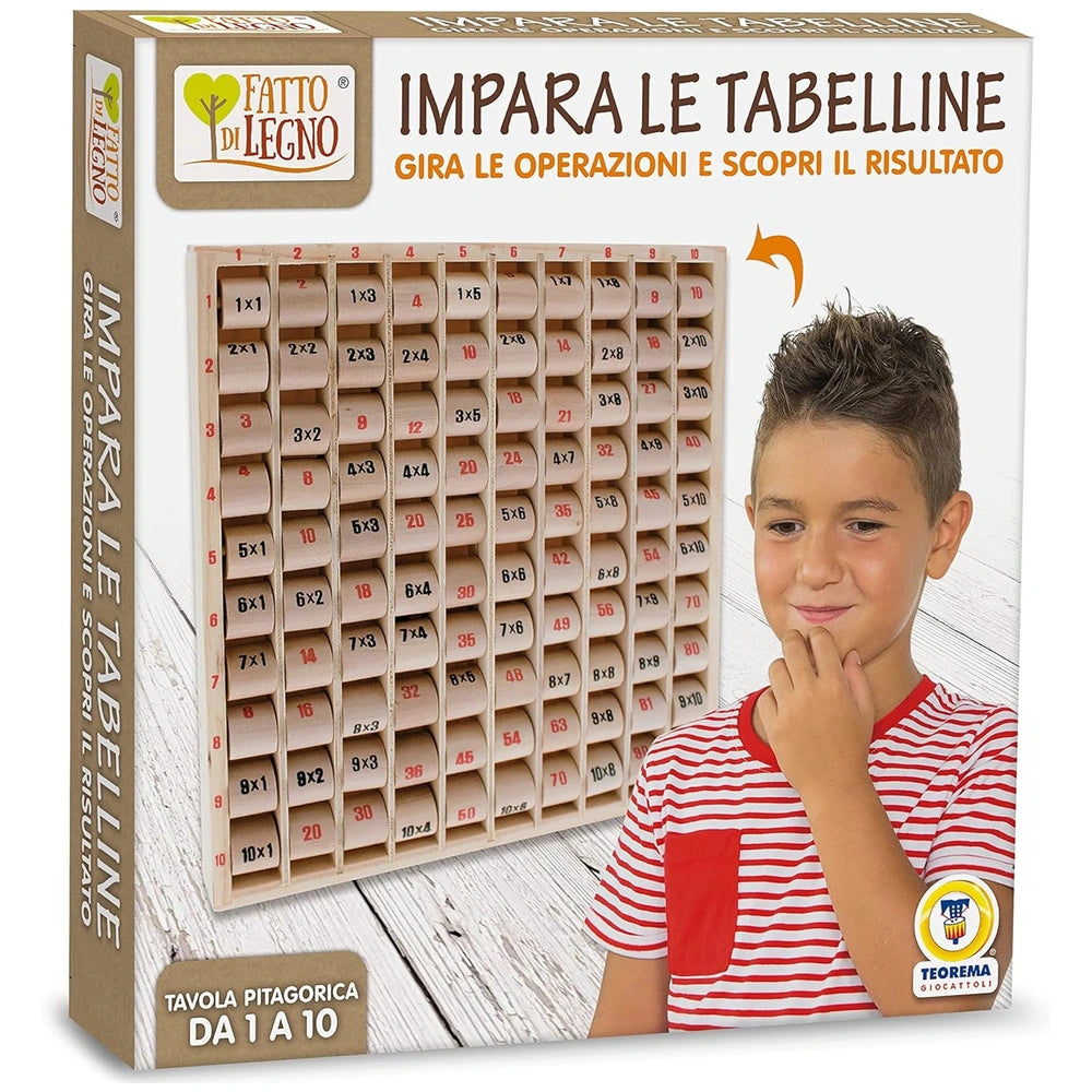 Teorema - Impara le Tabelline educational toy box featuring a wooden multiplication table and a smiling boy in a striped shir