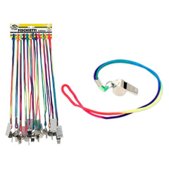 Teorema metal whistle with a rainbow lanyard, featuring shiny surfaces and colorful designs, arranged vertically.