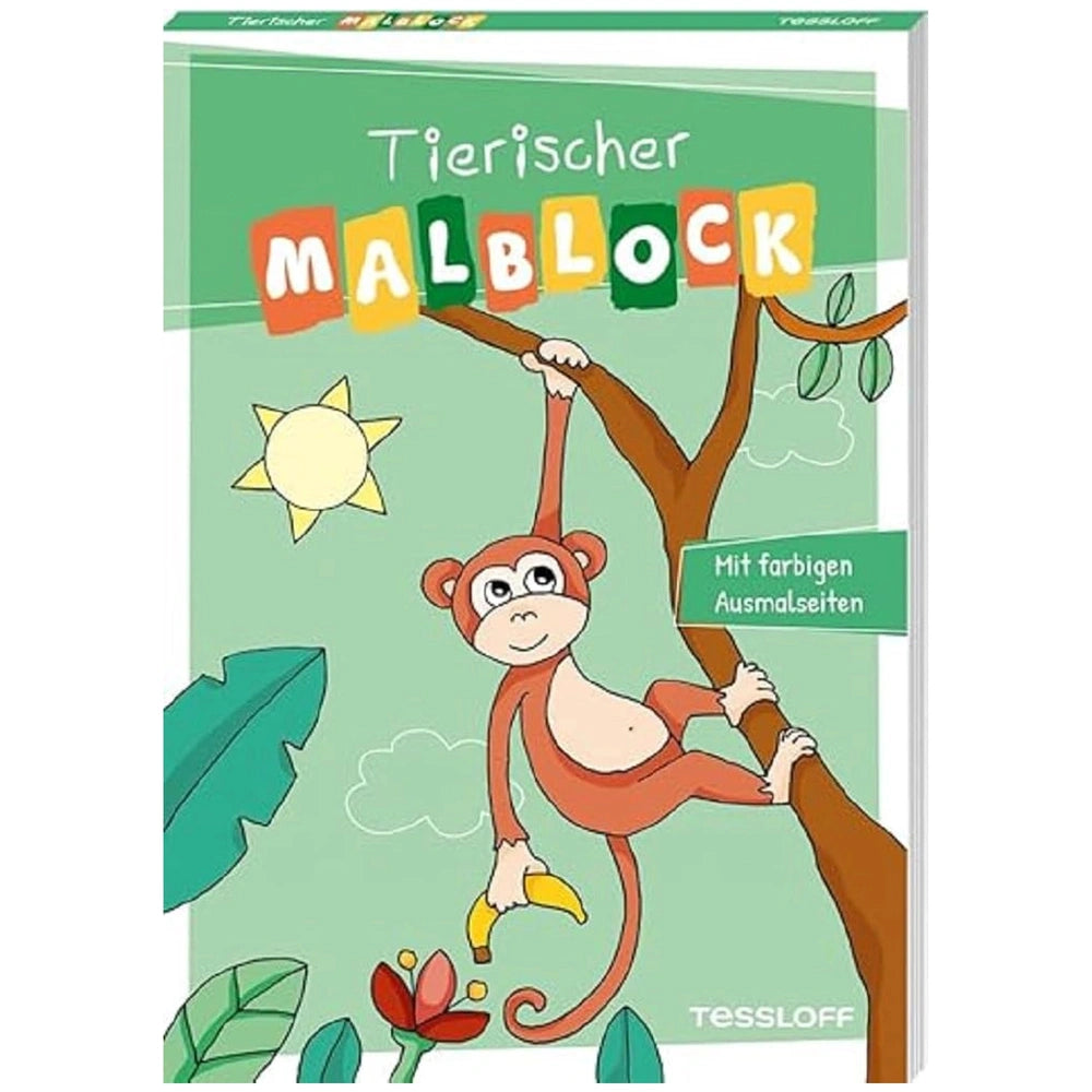 Animal coloring book cover featuring a monkey climbing a tree with a light green background, clouds, and a sun.