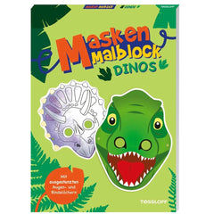 Dinosaur mask coloring book cover features green and purple cartoon dinosaurs with bold orange title on a vibrant green backg