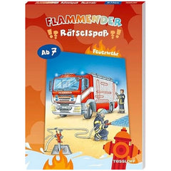 Flammender Rätselspaß book cover features a colorful illustration of a fire truck, firefighter, and fire hydrant on a red bac