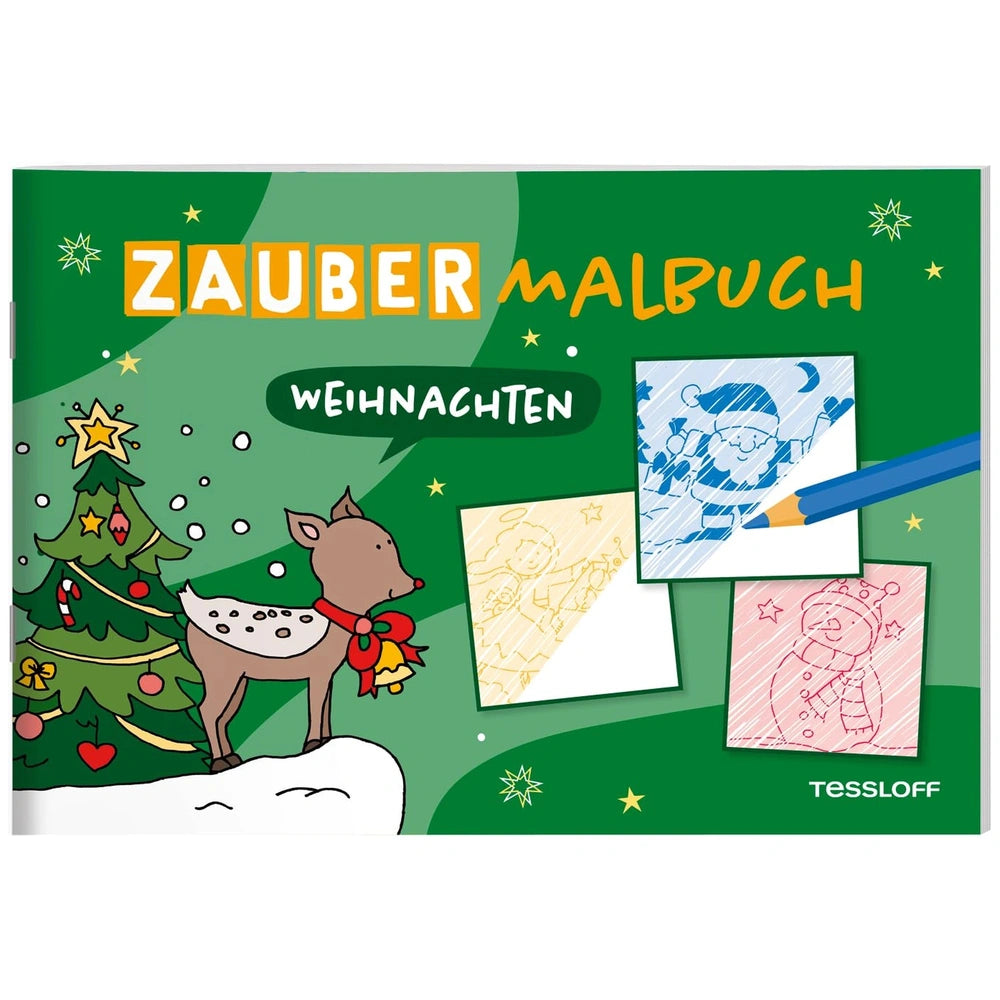 TESSLOFF Magic Coloring Book features a festive illustration with a reindeer, Christmas tree, and falling snowflakes in a win
