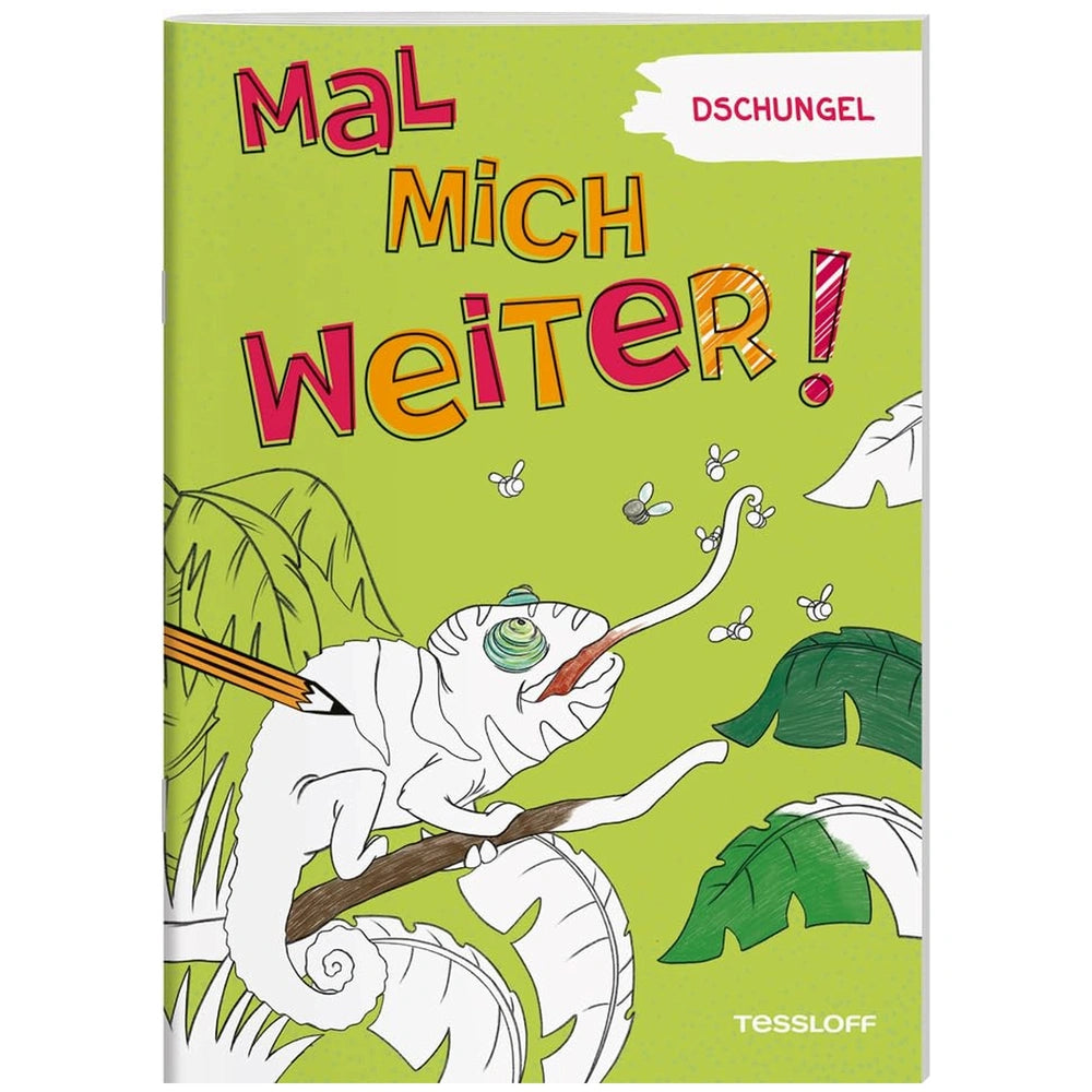 TESSLOFF - Mal Mich Weiter Dschungel book cover features a surprised sloth-like creature on a branch in a vibrant jungle sett