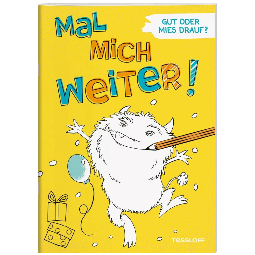 TESSLOFF's Mal Mich Weiter book cover features a yellow background with a cartoon animal holding a pencil and playful text.