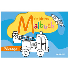 Colorful illustration of a cartoon cat on a ladder attached to a simplistic truck against a vibrant blue background.