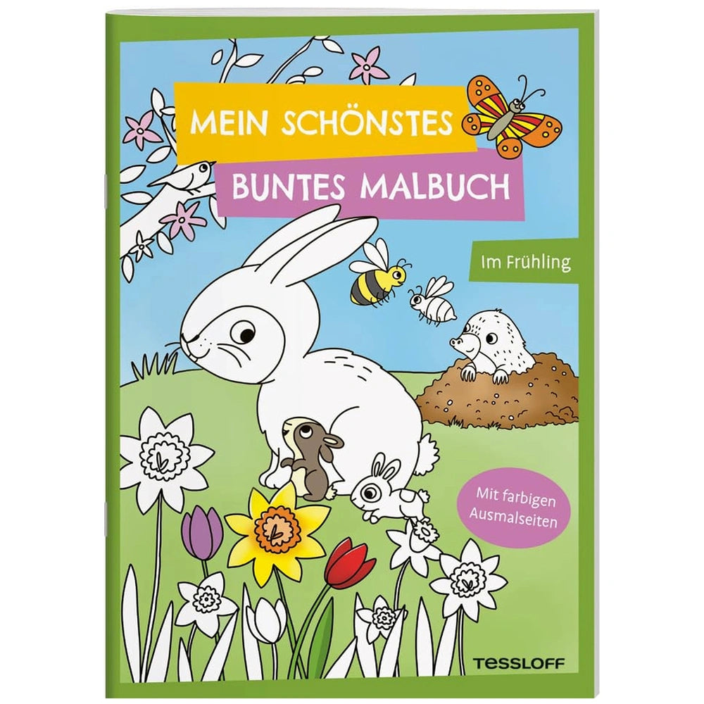 TESSLOFF's "Mein Schönstes Buntes Malbuch" features a colorful illustration of a white rabbit in a vibrant spring garden.