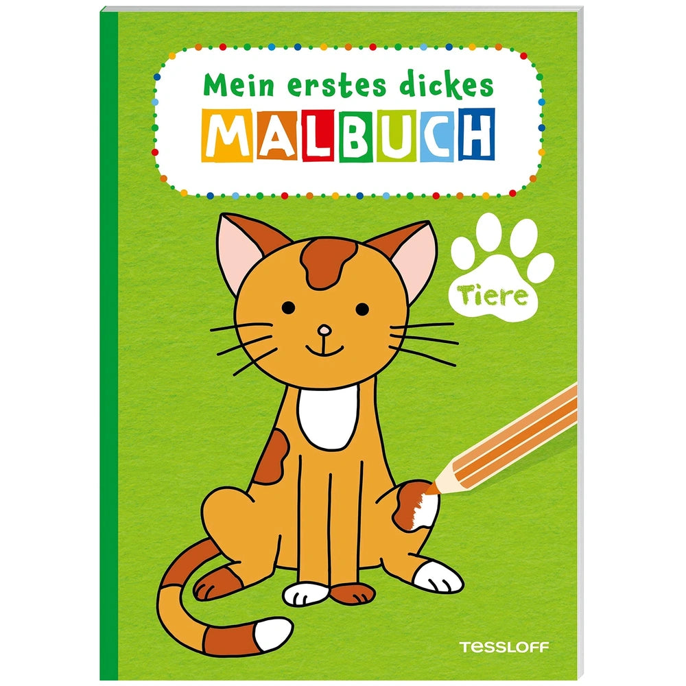 TESSLOFF's My First Thick Coloring Book features a friendly orange tabby cat on a green cover with a pencil beside it.