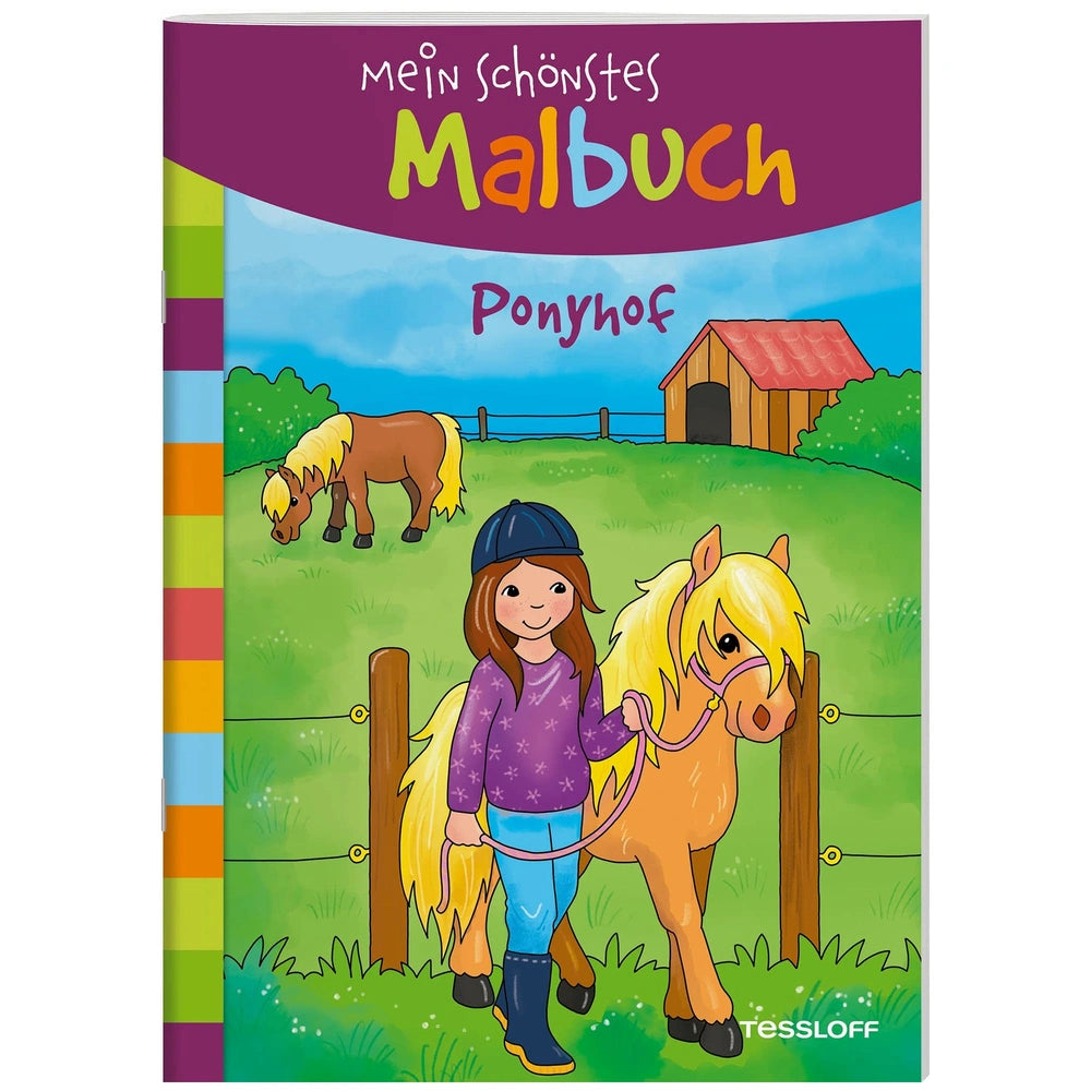 TESSLOFF's "Mein Schönste Malbuch" features a colorful cover with a girl and pony in a vibrant outdoor scene.